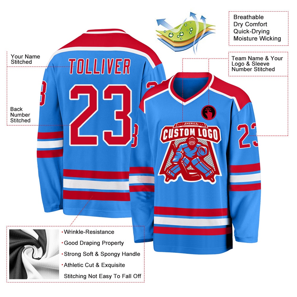 Custom Powder Blue Red White Hockey Jersey, New Hockey Jersey, Personali Sport Team Jersey Shirt Custom Powder Blue Red White Hockey Jersey, New Hockey Jersey, Personali Sport Team Jersey Shirt