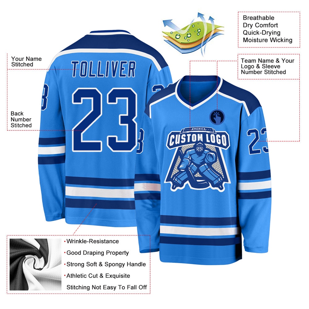 Custom Powder Blue Royal White Hockey Jersey, New Hockey Jersey, Personali Sport Team Jersey Shirt Custom Powder Blue Royal White Hockey Jersey, New Hockey Jersey, Personali Sport Team Jersey Shirt