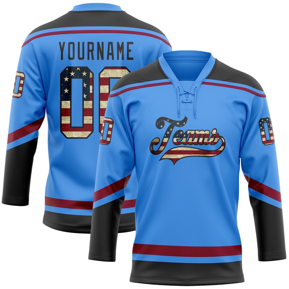 Custom Powder Blue Vintage USA Flag Black Maroon Hockey Lace Neck Jersey, New Hockey Jersey, Personali Sport Team Jersey Shirt Custom Powder Blue Vintage USA Flag Black Maroon Hockey Lace Neck Jersey, New Hockey Jersey, Personali Sport Team Jersey Shirt