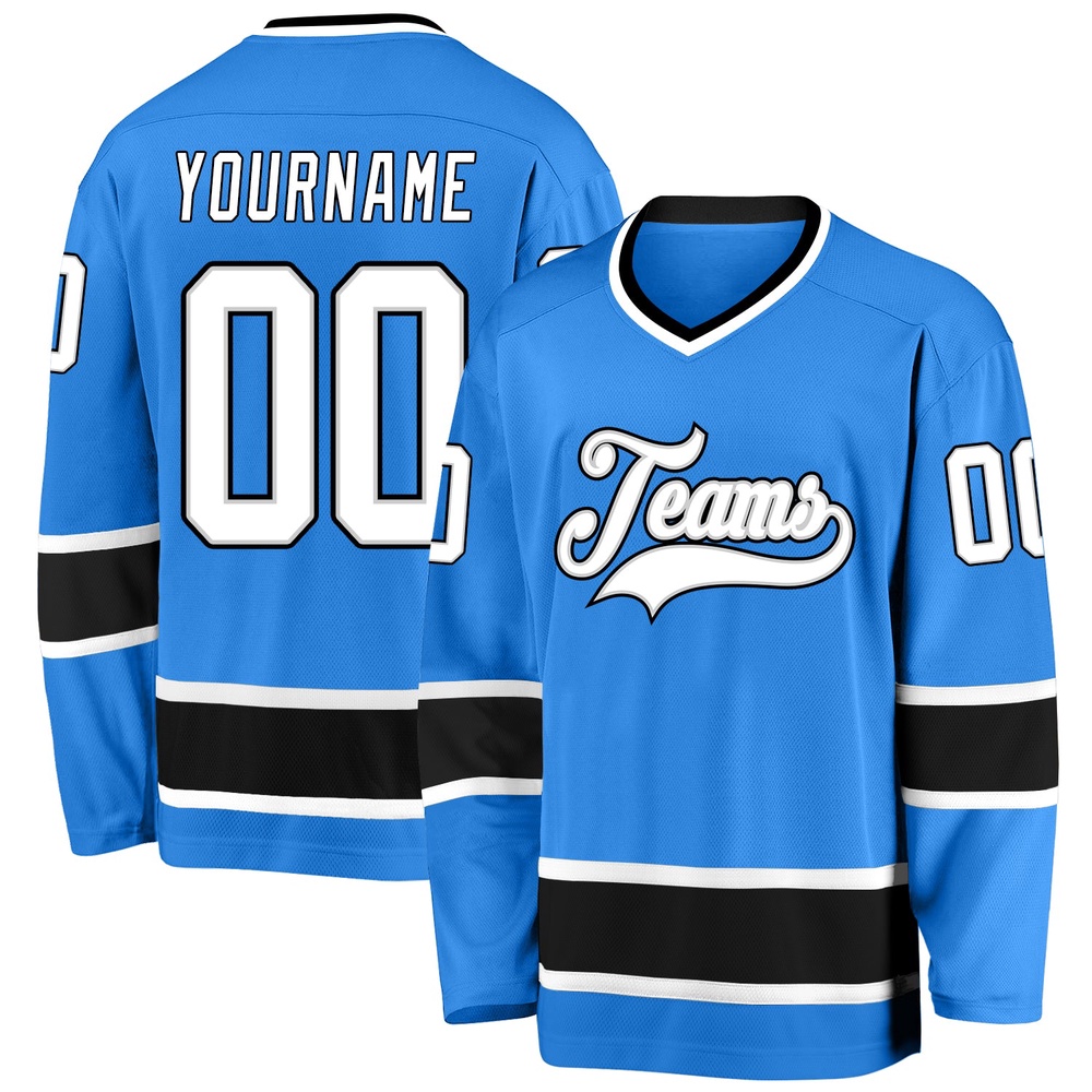 Custom Powder Blue White Black Hockey Jersey, New Hockey Jersey, Personali Sport Team Jersey Shirt Custom Powder Blue White Black Hockey Jersey, New Hockey Jersey, Personali Sport Team Jersey Shirt