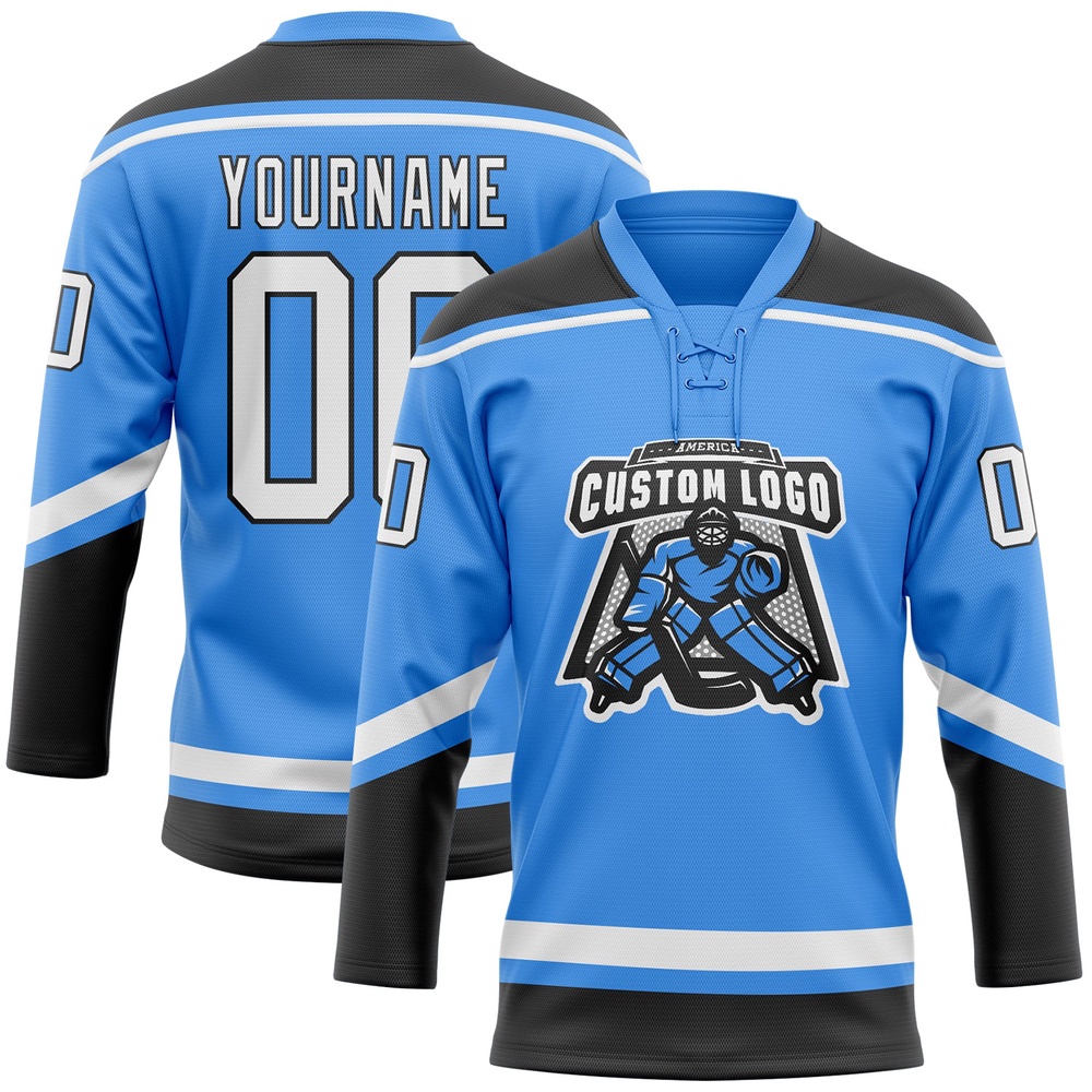 Custom Powder Blue White Black Hockey Lace Neck Jersey, New Hockey Jersey, Personali Sport Team Jersey Shirt Custom Powder Blue White Black Hockey Lace Neck Jersey, New Hockey Jersey, Personali Sport Team Jersey Shirt