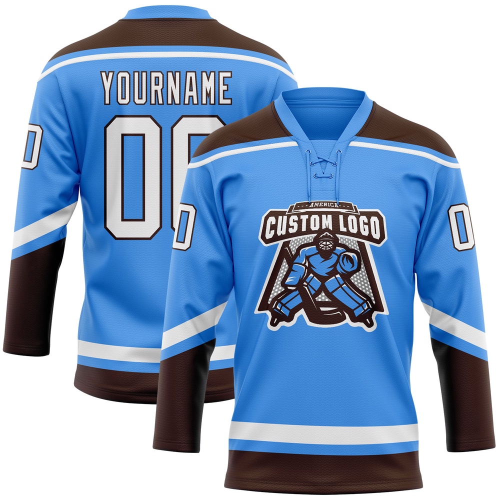 Custom Powder Blue White Brown Hockey Lace Neck Jersey, New Hockey Jersey, Personali Sport Team Jersey Shirt Custom Powder Blue White Brown Hockey Lace Neck Jersey, New Hockey Jersey, Personali Sport Team Jersey Shirt