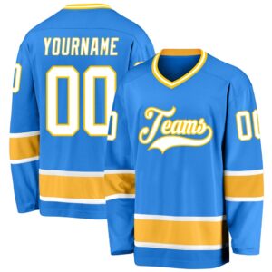 Custom Powder Blue White Gold Hockey Jersey,…