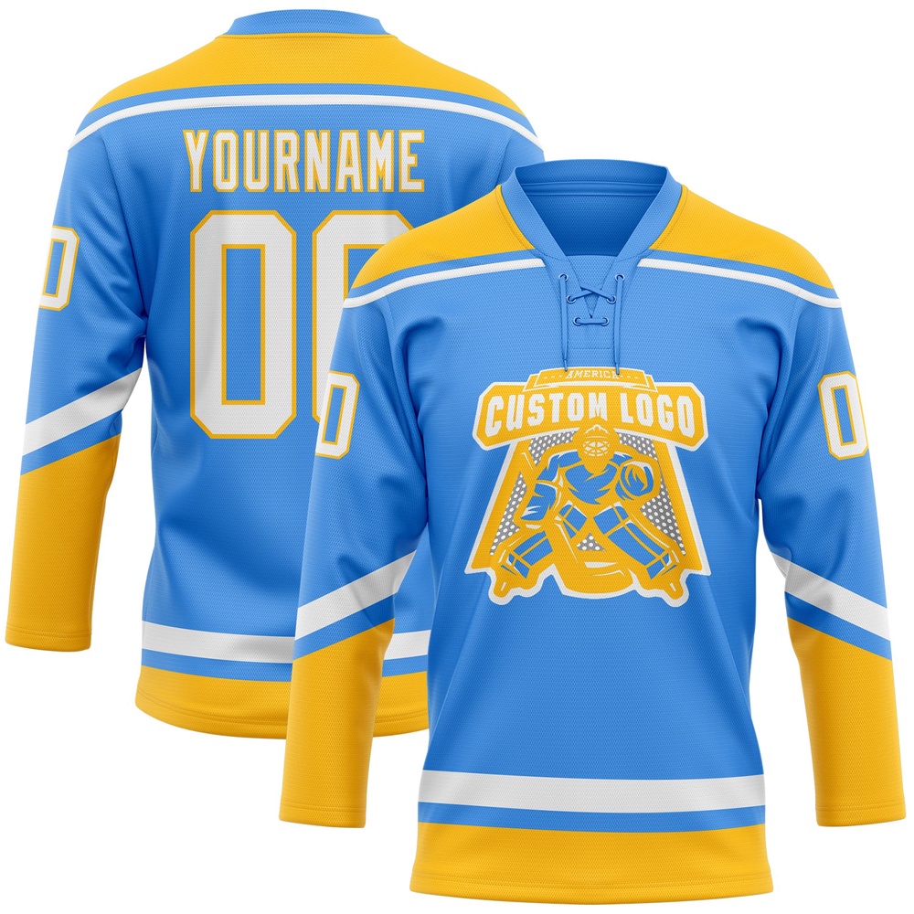Custom Powder Blue White Gold Hockey Lace Neck Jersey, New Hockey Jersey, Personali Sport Team Jersey Shirt Custom Powder Blue White Gold Hockey Lace Neck Jersey, New Hockey Jersey, Personali Sport Team Jersey Shirt