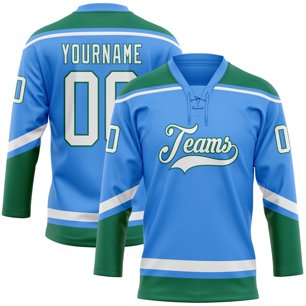 Custom Powder Blue White Kelly Green Hockey Lace Neck Jersey, New Hockey Jersey, Personali Sport Team Jersey Shirt Custom Powder Blue White Kelly Green Hockey Lace Neck Jersey, New Hockey Jersey, Personali Sport Team Jersey Shirt