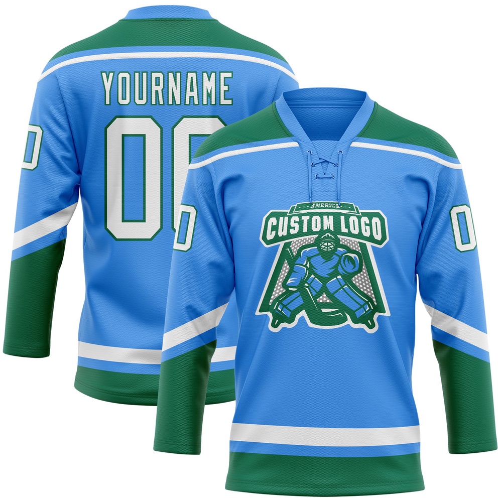 Custom Powder Blue White Kelly Green Hockey Lace Neck Jersey, New Hockey Jersey, Personali Sport Team Jersey Shirt Custom Powder Blue White Kelly Green Hockey Lace Neck Jersey, New Hockey Jersey, Personali Sport Team Jersey Shirt
