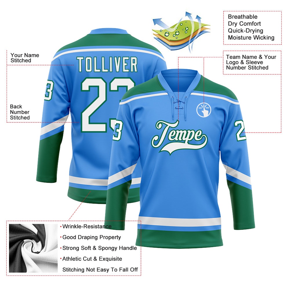 Custom Powder Blue White Kelly Green Hockey Lace Neck Jersey, New Hockey Jersey, Personali Sport Team Jersey Shirt Custom Powder Blue White Kelly Green Hockey Lace Neck Jersey, New Hockey Jersey, Personali Sport Team Jersey Shirt