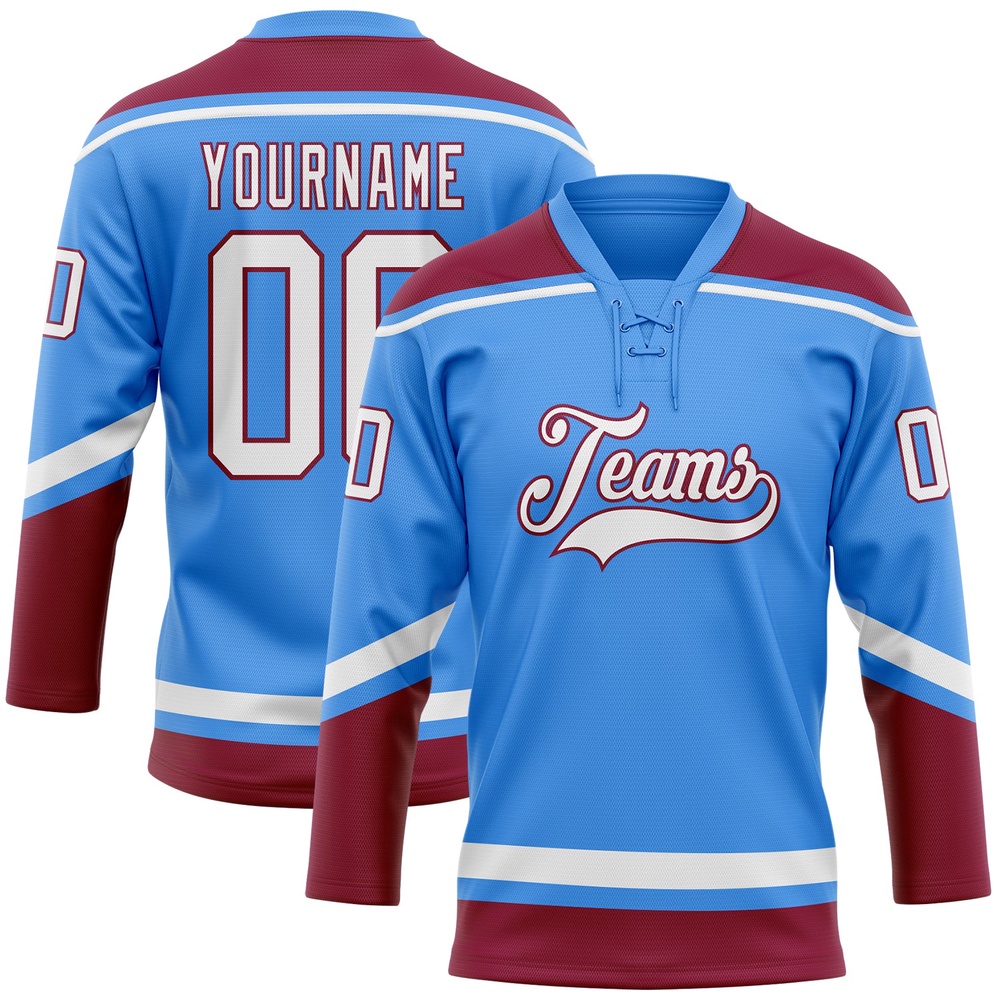 Custom Powder Blue White Maroon Hockey Lace Neck Jersey, New Hockey Jersey, Personali Sport Team Jersey Shirt Custom Powder Blue White Maroon Hockey Lace Neck Jersey, New Hockey Jersey, Personali Sport Team Jersey Shirt