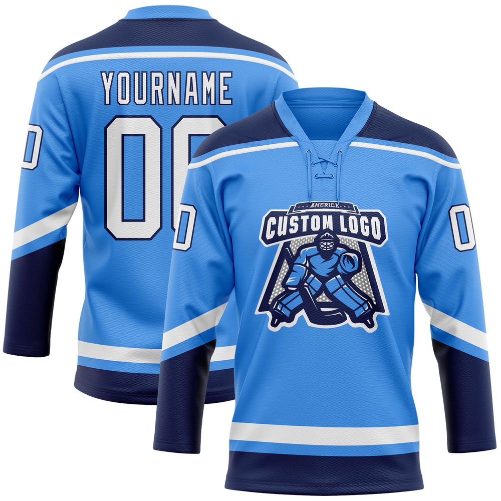 Custom Powder Blue White Navy Hockey Lace Neck Jersey, New Hockey Jersey, Personali Sport Team Jersey Shirt Custom Powder Blue White Navy Hockey Lace Neck Jersey, New Hockey Jersey, Personali Sport Team Jersey Shirt