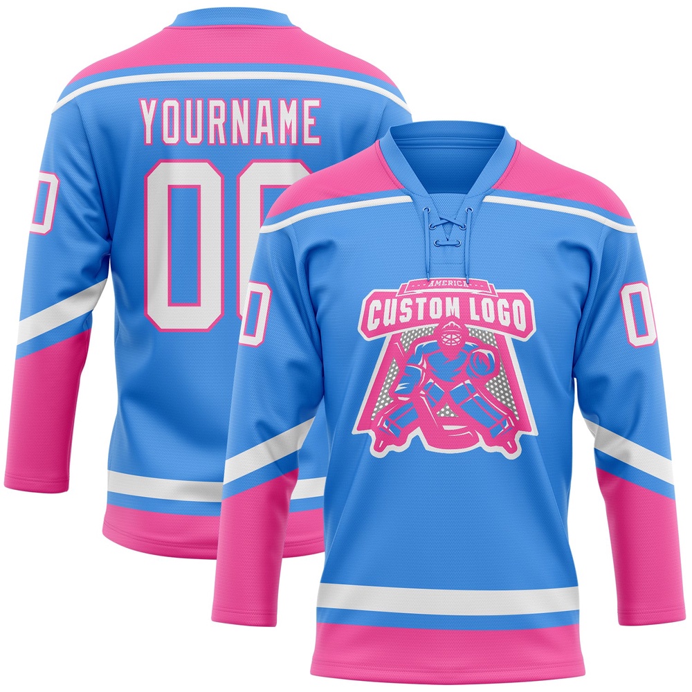 Custom Powder Blue White Pink Hockey Lace Neck Jersey, New Hockey Jersey, Personali Sport Team Jersey Shirt Custom Powder Blue White Pink Hockey Lace Neck Jersey, New Hockey Jersey, Personali Sport Team Jersey Shirt