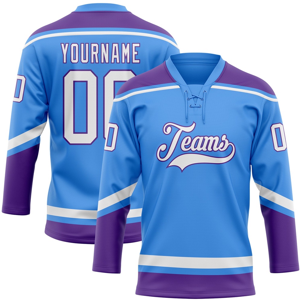Custom Powder Blue White Purple Hockey Lace Neck Jersey, New Hockey Jersey, Personali Sport Team Jersey Shirt Custom Powder Blue White Purple Hockey Lace Neck Jersey, New Hockey Jersey, Personali Sport Team Jersey Shirt