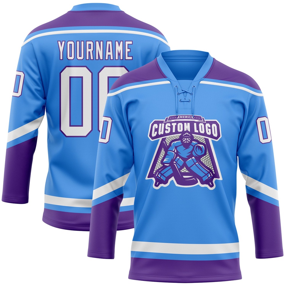 Custom Powder Blue White Purple Hockey Lace Neck Jersey, New Hockey Jersey, Personali Sport Team Jersey Shirt Custom Powder Blue White Purple Hockey Lace Neck Jersey, New Hockey Jersey, Personali Sport Team Jersey Shirt