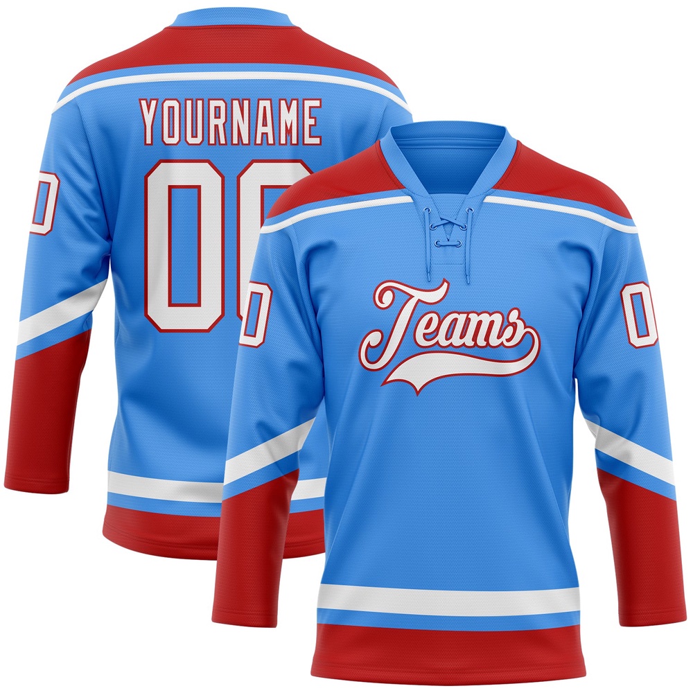 Custom Powder Blue White Red Hockey Lace Neck Jersey, New Hockey Jersey, Personali Sport Team Jersey Shirt Custom Powder Blue White Red Hockey Lace Neck Jersey, New Hockey Jersey, Personali Sport Team Jersey Shirt
