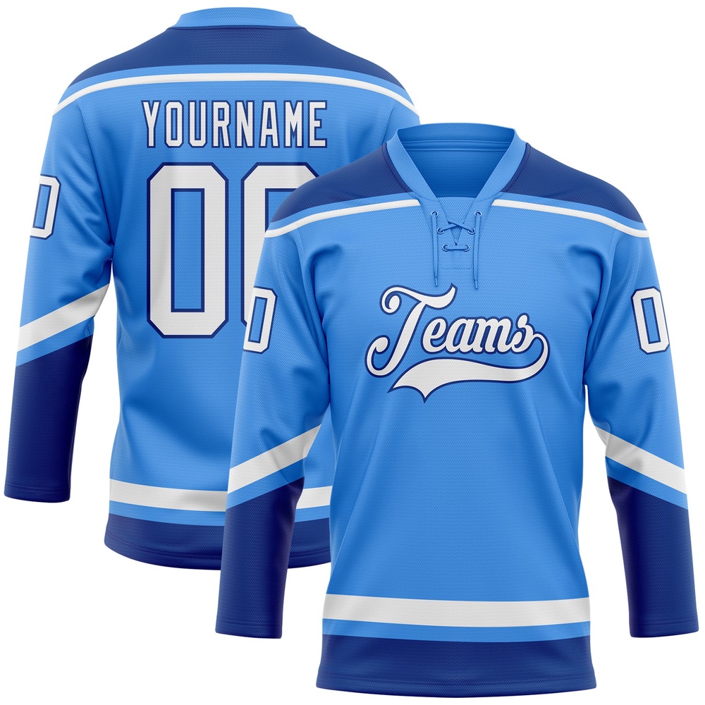 Custom Powder Blue White Royal Hockey Lace Neck Jersey, New Hockey Jersey, Personali Sport Team Jersey Shirt Custom Powder Blue White Royal Hockey Lace Neck Jersey, New Hockey Jersey, Personali Sport Team Jersey Shirt