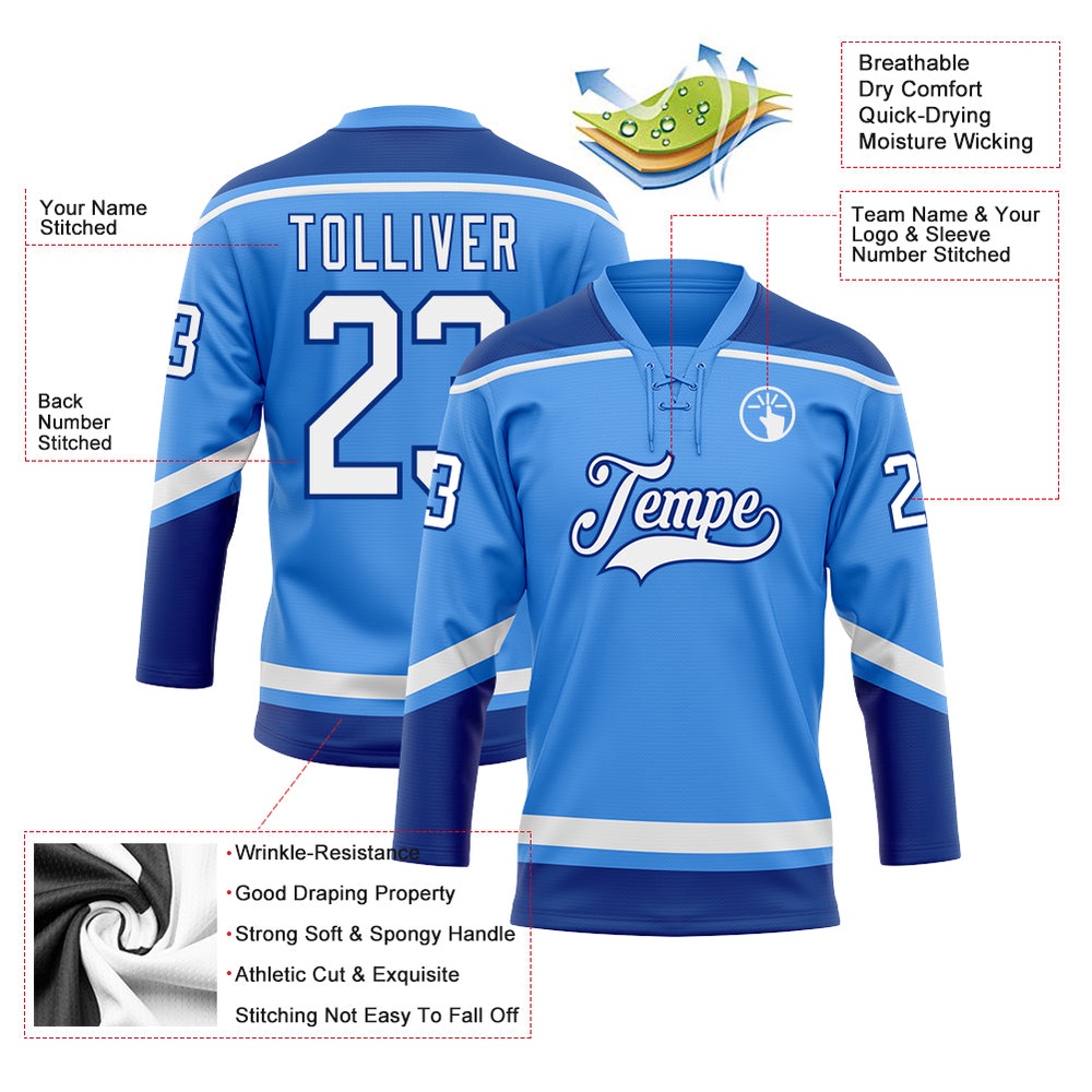 Custom Powder Blue White Royal Hockey Lace Neck Jersey, New Hockey Jersey, Personali Sport Team Jersey Shirt Custom Powder Blue White Royal Hockey Lace Neck Jersey, New Hockey Jersey, Personali Sport Team Jersey Shirt