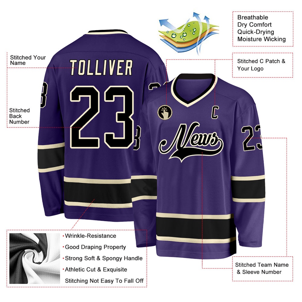 Custom Purple Black Cream Hockey Jersey, New Hockey Jersey, Personali Sport Team Jersey Shirt Custom Purple Black Cream Hockey Jersey, New Hockey Jersey, Personali Sport Team Jersey Shirt