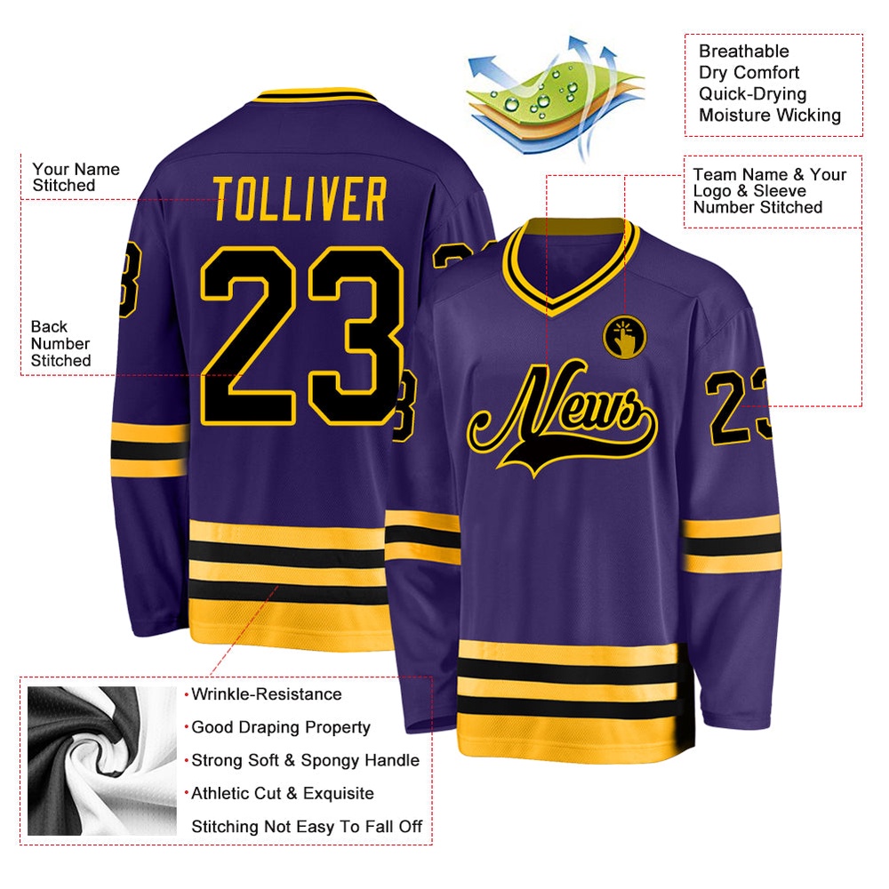 Custom Purple Black Gold Hockey Jersey, New Hockey Jersey, Personali Sport Team Jersey Shirt Custom Purple Black Gold Hockey Jersey, New Hockey Jersey, Personali Sport Team Jersey Shirt