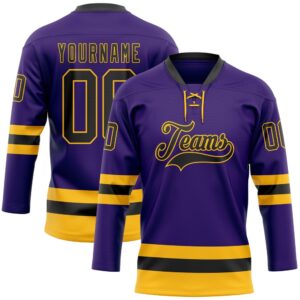 Custom Purple Black Gold Hockey Lace Neck…