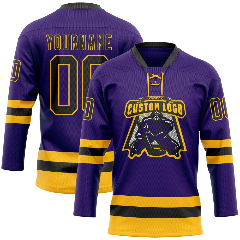Custom Purple Black Gold Hockey Lace Neck Jersey, New Hockey Jersey, Personali Sport Team Jersey Shirt Custom Purple Black Gold Hockey Lace Neck Jersey, New Hockey Jersey, Personali Sport Team Jersey Shirt