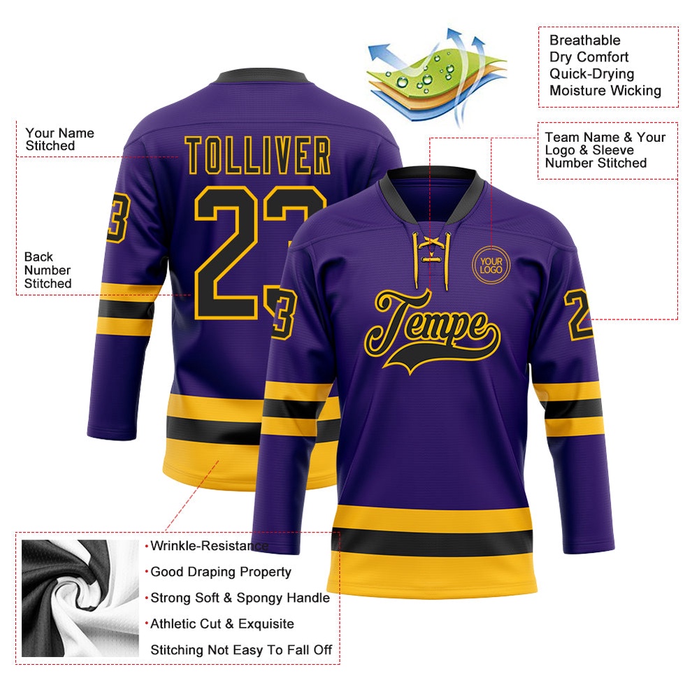 Custom Purple Black Gold Hockey Lace Neck Jersey, New Hockey Jersey, Personali Sport Team Jersey Shirt Custom Purple Black Gold Hockey Lace Neck Jersey, New Hockey Jersey, Personali Sport Team Jersey Shirt