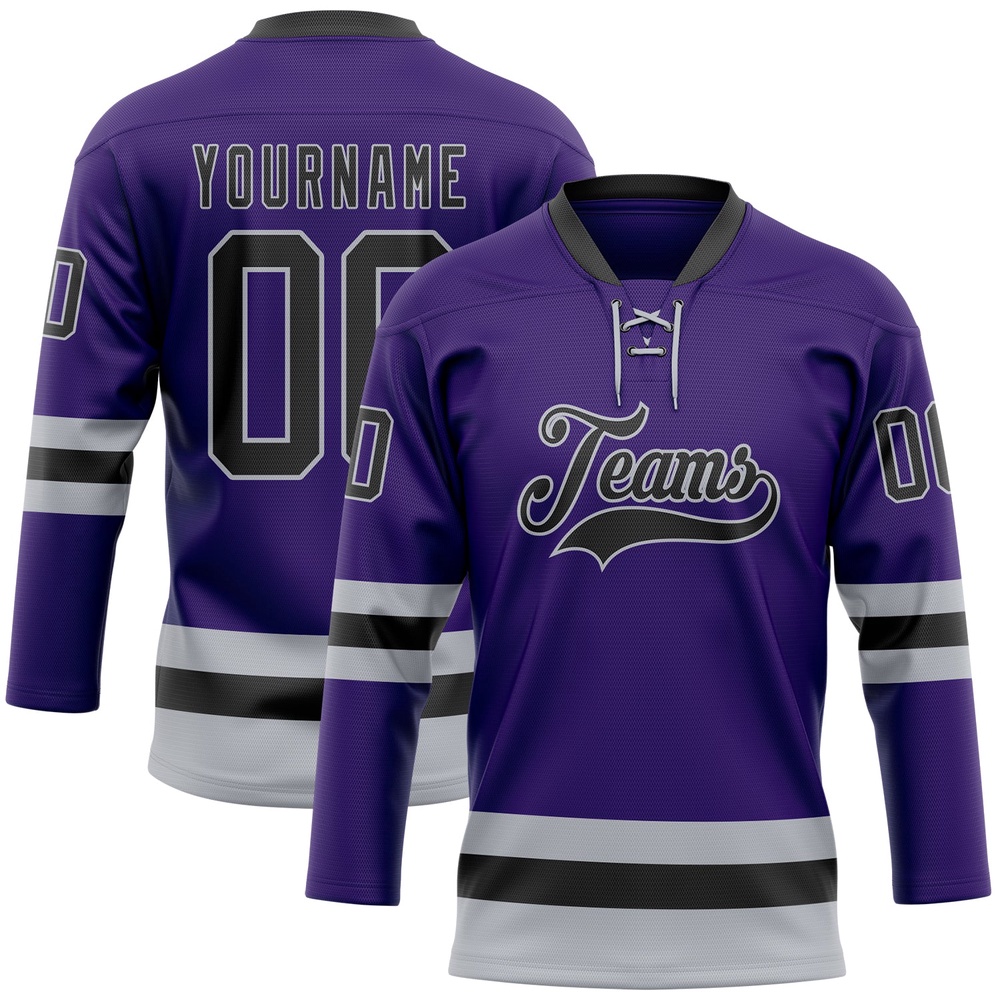 Custom Purple Black Gray Hockey Lace Neck Jersey, New Hockey Jersey, Personali Sport Team Jersey Shirt Custom Purple Black Gray Hockey Lace Neck Jersey, New Hockey Jersey, Personali Sport Team Jersey Shirt