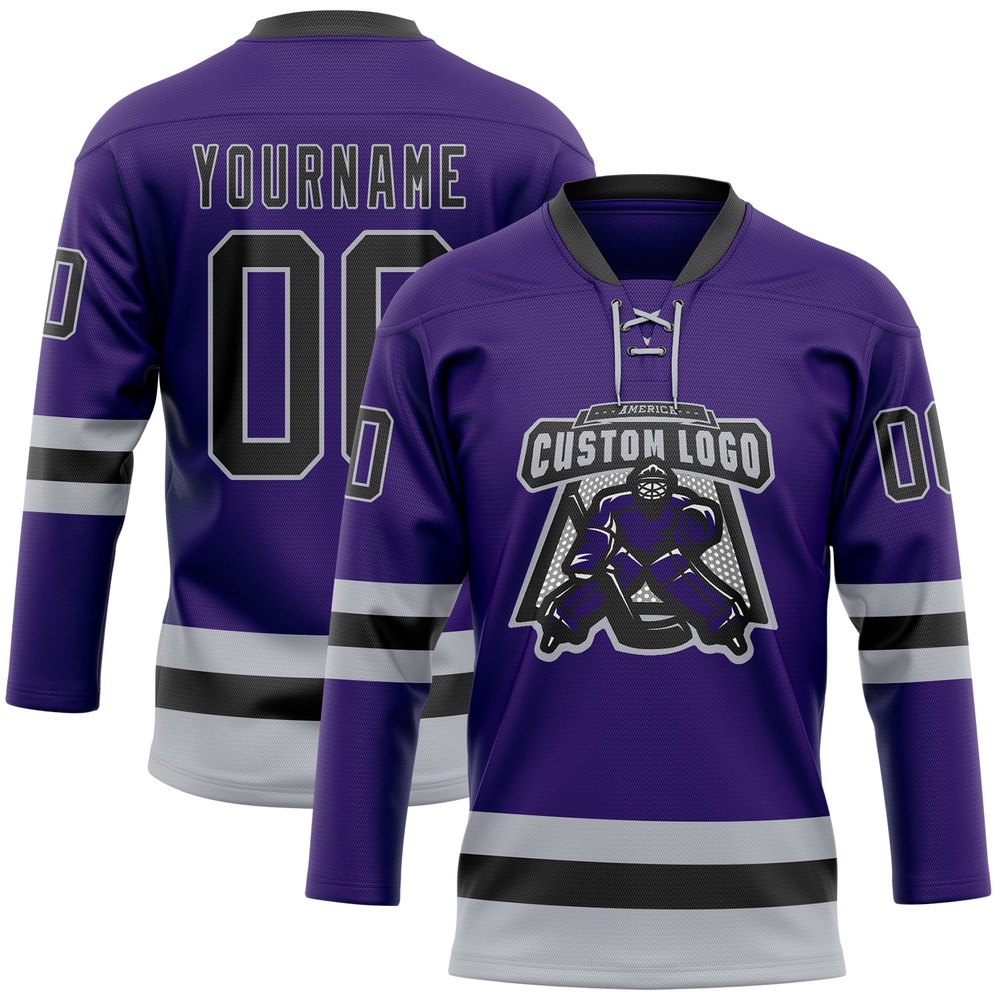 Custom Purple Black Gray Hockey Lace Neck Jersey, New Hockey Jersey, Personali Sport Team Jersey Shirt Custom Purple Black Gray Hockey Lace Neck Jersey, New Hockey Jersey, Personali Sport Team Jersey Shirt