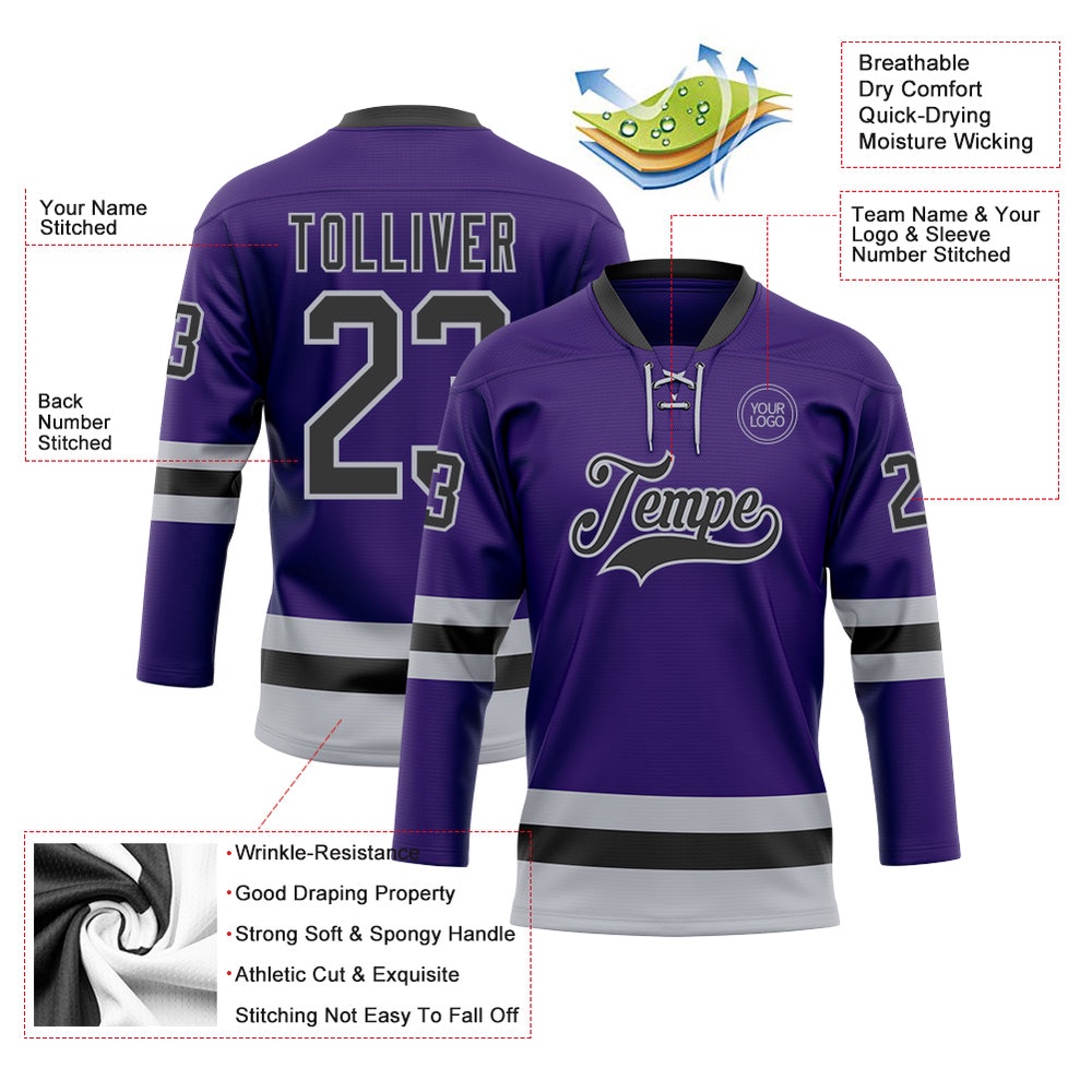 Custom Purple Black Gray Hockey Lace Neck Jersey, New Hockey Jersey, Personali Sport Team Jersey Shirt Custom Purple Black Gray Hockey Lace Neck Jersey, New Hockey Jersey, Personali Sport Team Jersey Shirt
