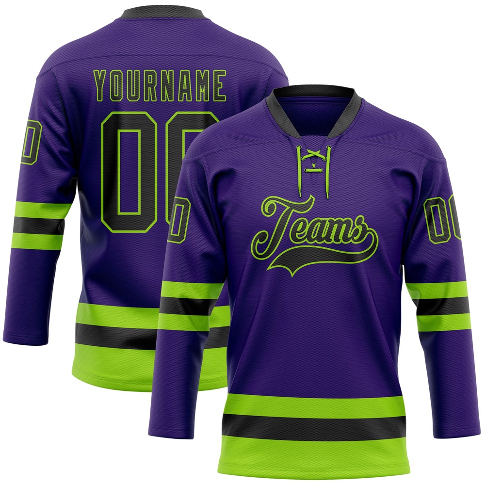 Custom Purple Black Neon Green Hockey Lace Neck Jersey, New Hockey Jersey, Personali Sport Team Jersey Shirt Custom Purple Black Neon Green Hockey Lace Neck Jersey, New Hockey Jersey, Personali Sport Team Jersey Shirt