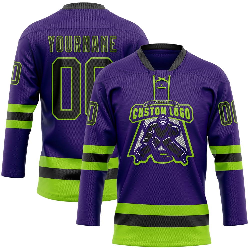Custom Purple Black Neon Green Hockey Lace Neck Jersey, New Hockey Jersey, Personali Sport Team Jersey Shirt Custom Purple Black Neon Green Hockey Lace Neck Jersey, New Hockey Jersey, Personali Sport Team Jersey Shirt