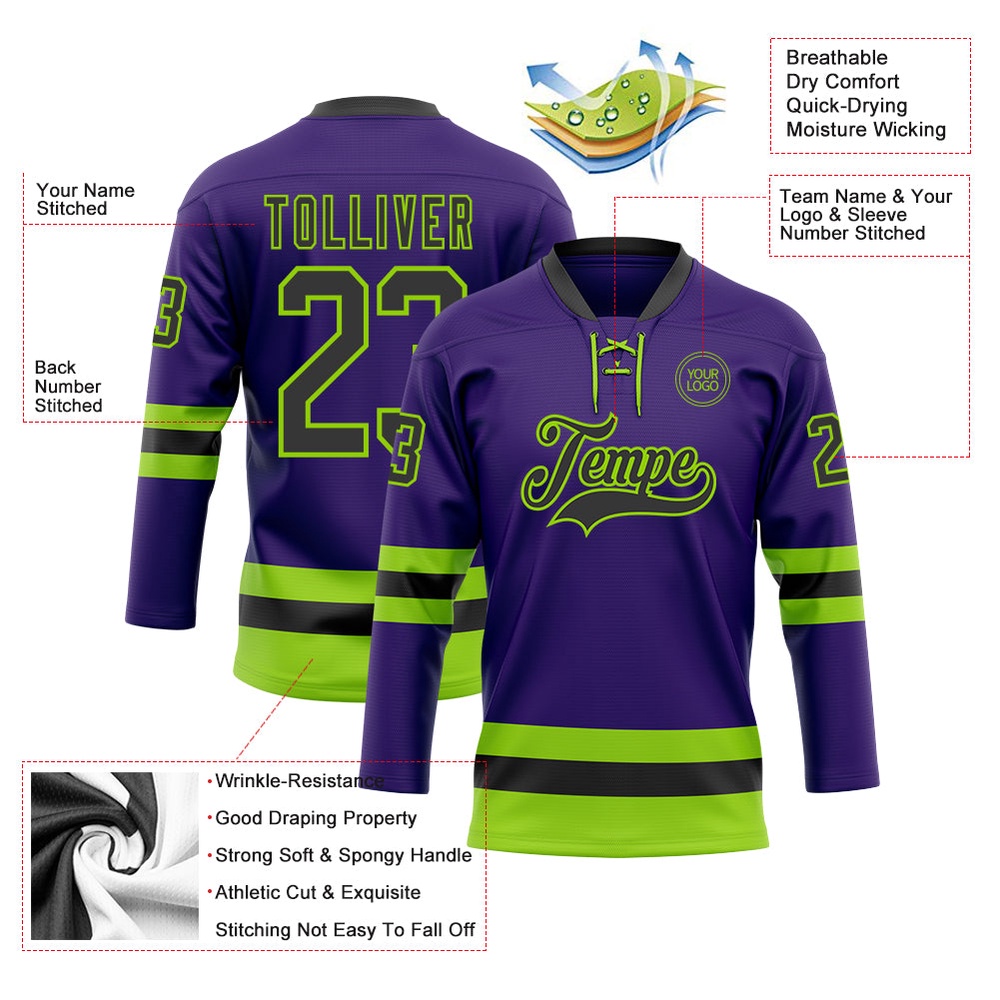 Custom Purple Black Neon Green Hockey Lace Neck Jersey, New Hockey Jersey, Personali Sport Team Jersey Shirt Custom Purple Black Neon Green Hockey Lace Neck Jersey, New Hockey Jersey, Personali Sport Team Jersey Shirt