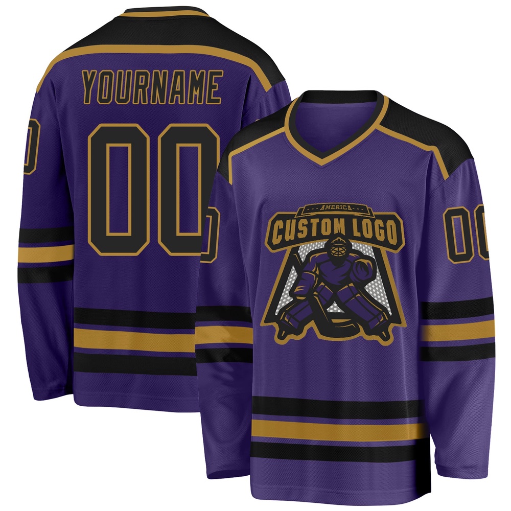 Custom Purple Black Old Gold Hockey Jersey, New Hockey Jersey, Personali Sport Team Jersey Shirt Custom Purple Black Old Gold Hockey Jersey, New Hockey Jersey, Personali Sport Team Jersey Shirt