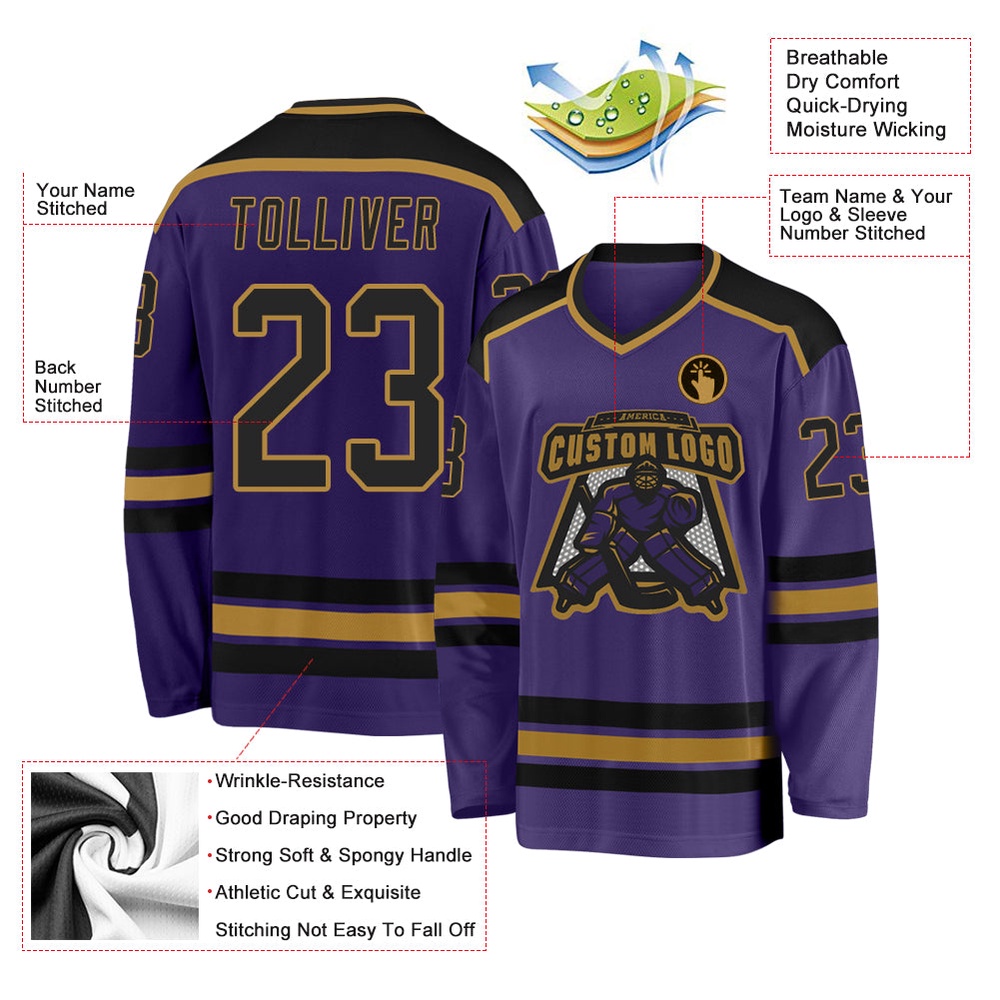 Custom Purple Black Old Gold Hockey Jersey, New Hockey Jersey, Personali Sport Team Jersey Shirt Custom Purple Black Old Gold Hockey Jersey, New Hockey Jersey, Personali Sport Team Jersey Shirt