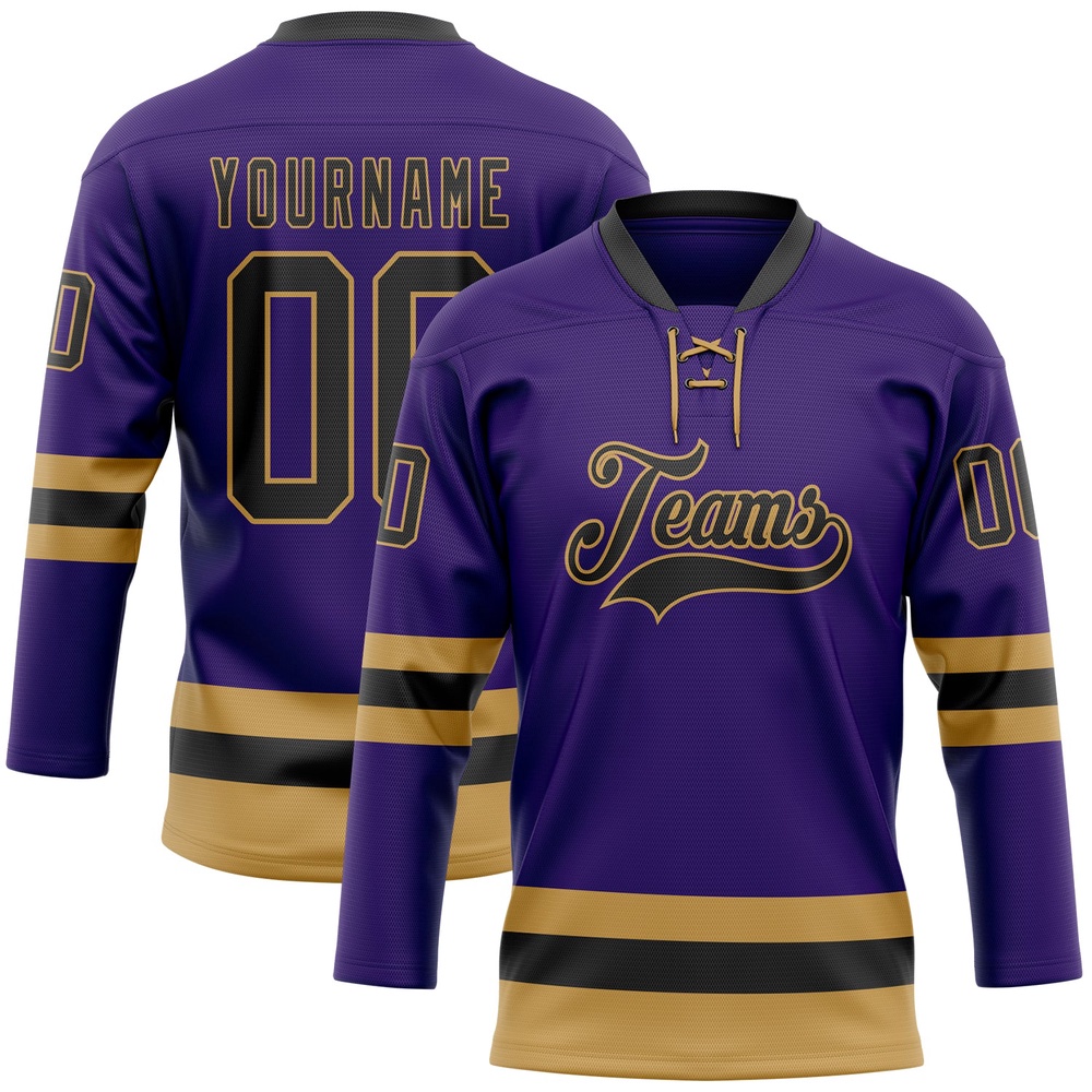 Custom Purple Black Old Gold Hockey Lace Neck Jersey, New Hockey Jersey, Personali Sport Team Jersey Shirt Custom Purple Black Old Gold Hockey Lace Neck Jersey, New Hockey Jersey, Personali Sport Team Jersey Shirt