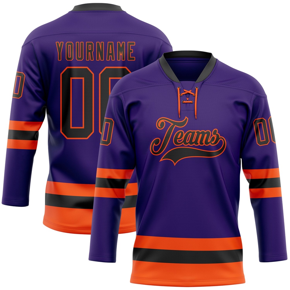 Custom Purple Black Orange Hockey Lace Neck Jersey, New Hockey Jersey, Personali Sport Team Jersey Shirt Custom Purple Black Orange Hockey Lace Neck Jersey, New Hockey Jersey, Personali Sport Team Jersey Shirt