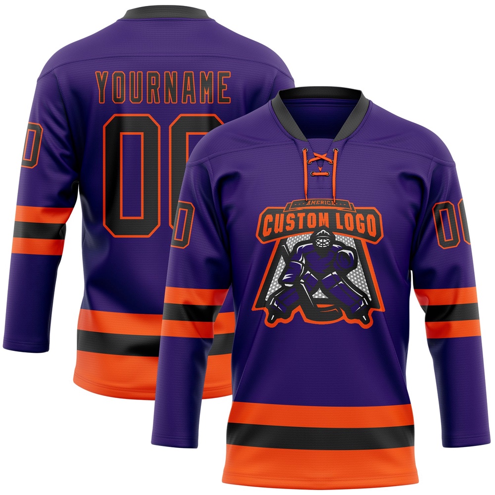 Custom Purple Black Orange Hockey Lace Neck Jersey, New Hockey Jersey, Personali Sport Team Jersey Shirt Custom Purple Black Orange Hockey Lace Neck Jersey, New Hockey Jersey, Personali Sport Team Jersey Shirt