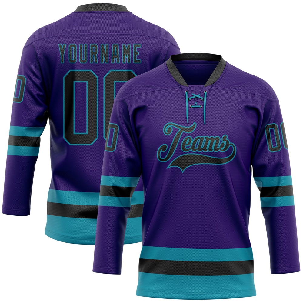 Custom Purple Black Teal Hockey Lace Neck Jersey, New Hockey Jersey, Personali Sport Team Jersey Shirt Custom Purple Black Teal Hockey Lace Neck Jersey, New Hockey Jersey, Personali Sport Team Jersey Shirt
