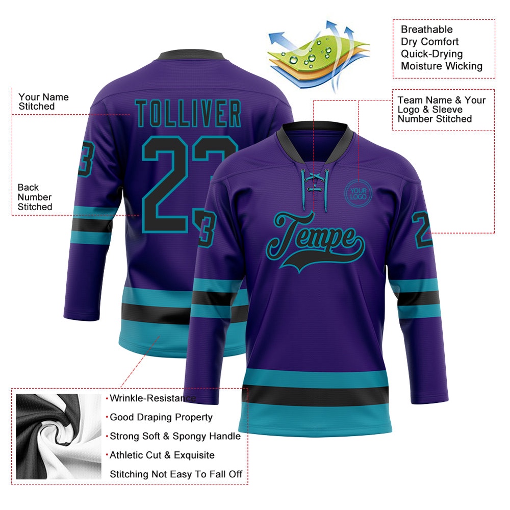 Custom Purple Black Teal Hockey Lace Neck Jersey, New Hockey Jersey, Personali Sport Team Jersey Shirt Custom Purple Black Teal Hockey Lace Neck Jersey, New Hockey Jersey, Personali Sport Team Jersey Shirt