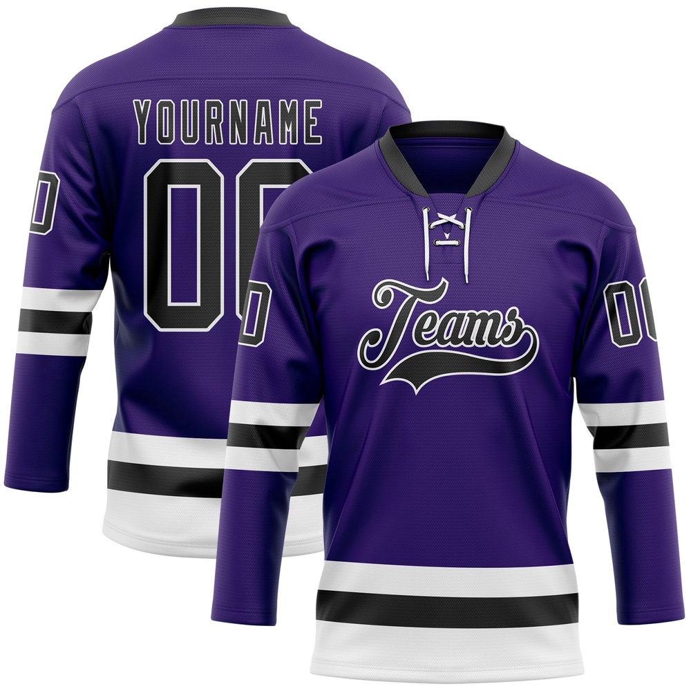 Custom Purple Black White Hockey Lace Neck Jersey, New Hockey Jersey, Personali Sport Team Jersey Shirt Custom Purple Black White Hockey Lace Neck Jersey, New Hockey Jersey, Personali Sport Team Jersey Shirt