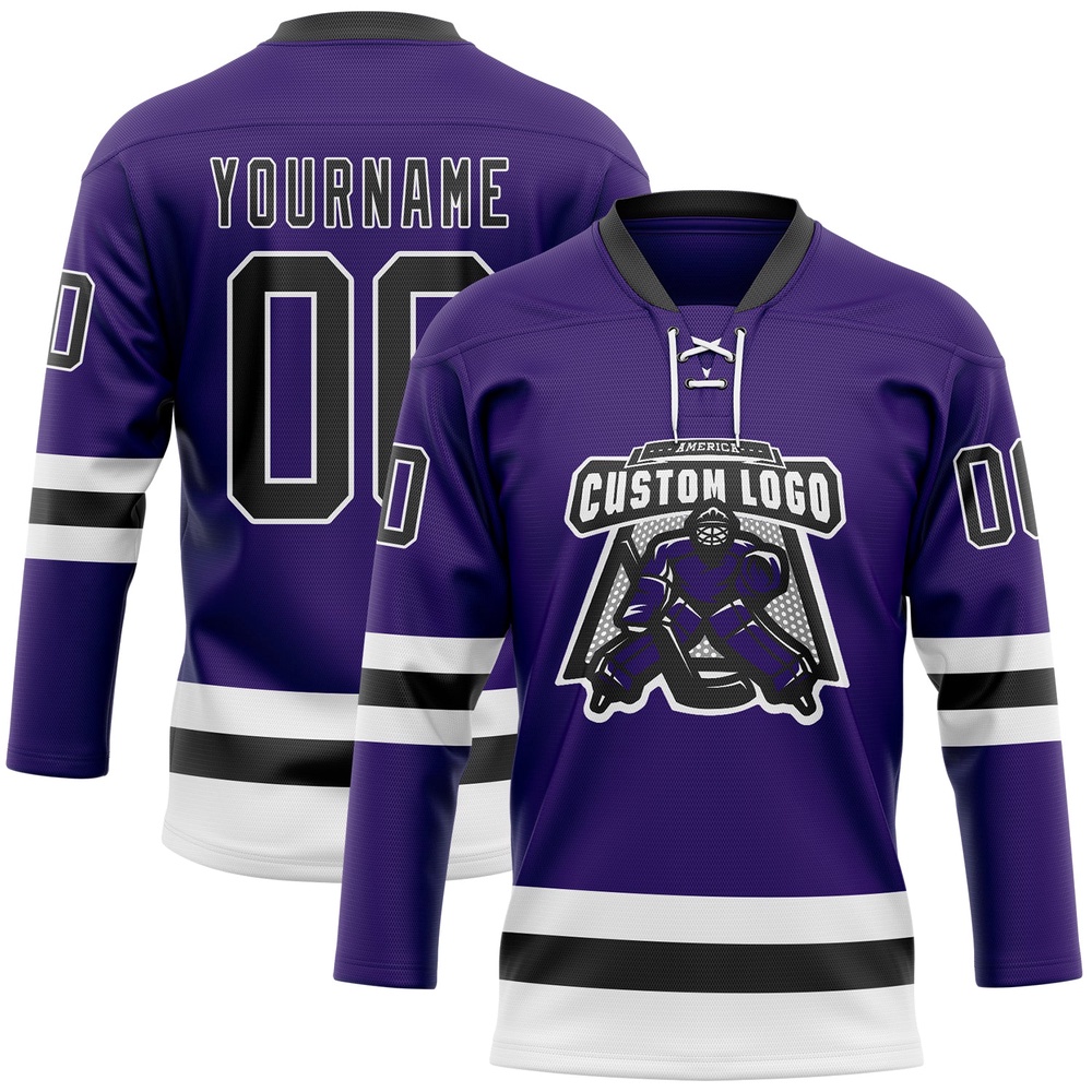 Custom Purple Black White Hockey Lace Neck Jersey, New Hockey Jersey, Personali Sport Team Jersey Shirt Custom Purple Black White Hockey Lace Neck Jersey, New Hockey Jersey, Personali Sport Team Jersey Shirt