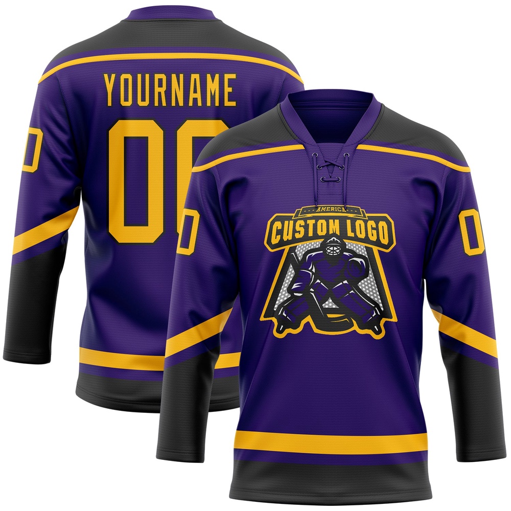 Custom Purple Gold Black Hockey Lace Neck Jersey, New Hockey Jersey, Personali Sport Team Jersey Shirt