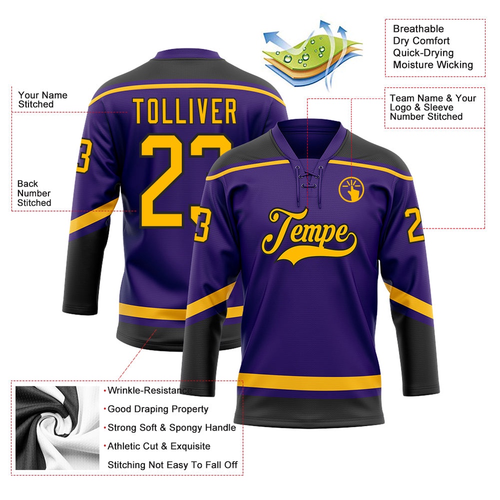 Custom Purple Gold Black Hockey Lace Neck Jersey, New Hockey Jersey, Personali Sport Team Jersey Shirt
