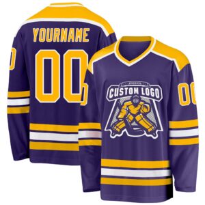 Custom Purple Gold White Hockey Jersey, New…
