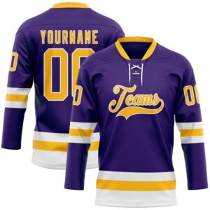 Custom Purple Gold White Hockey Lace Neck…
