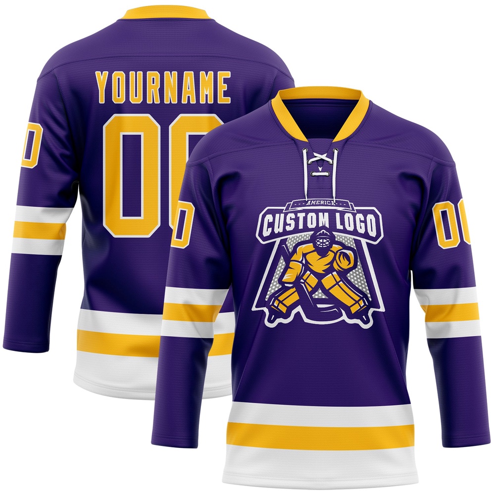 Custom Purple Gold White Hockey Lace Neck Jersey, New Hockey Jersey, Personali Sport Team Jersey Shirt