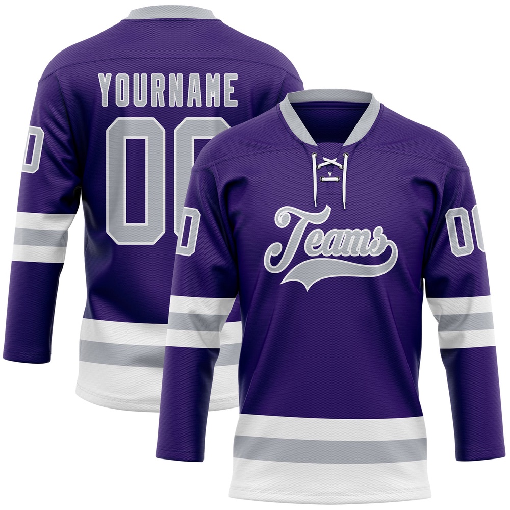 Custom Purple Gray White Hockey Lace Neck Jersey, New Hockey Jersey, Personali Sport Team Jersey Shirt
