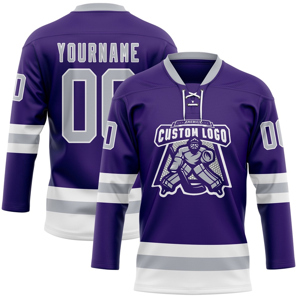 Custom Purple Gray White Hockey Lace Neck Jersey, New Hockey Jersey, Personali Sport Team Jersey Shirt