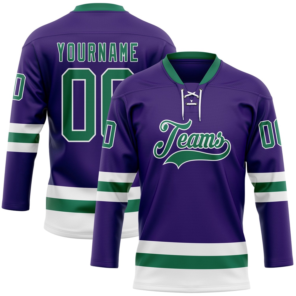 Custom Purple Kelly Green White Hockey Lace Neck Jersey, New Hockey Jersey, Personali Sport Team Jersey Shirt