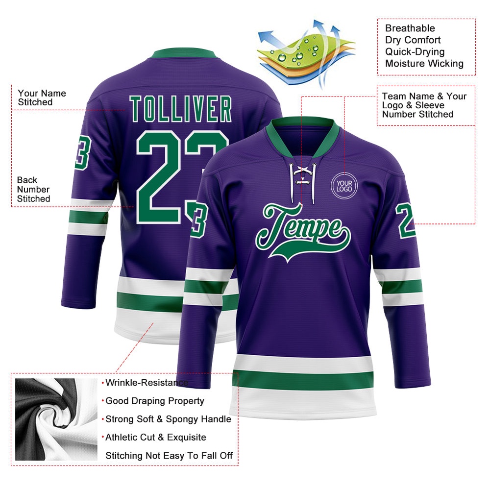 Custom Purple Kelly Green White Hockey Lace Neck Jersey, New Hockey Jersey, Personali Sport Team Jersey Shirt