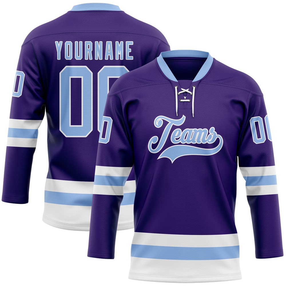 Custom Purple Light Blue White Hockey Lace Neck Jersey, New Hockey Jersey, Personali Sport Team Jersey Shirt