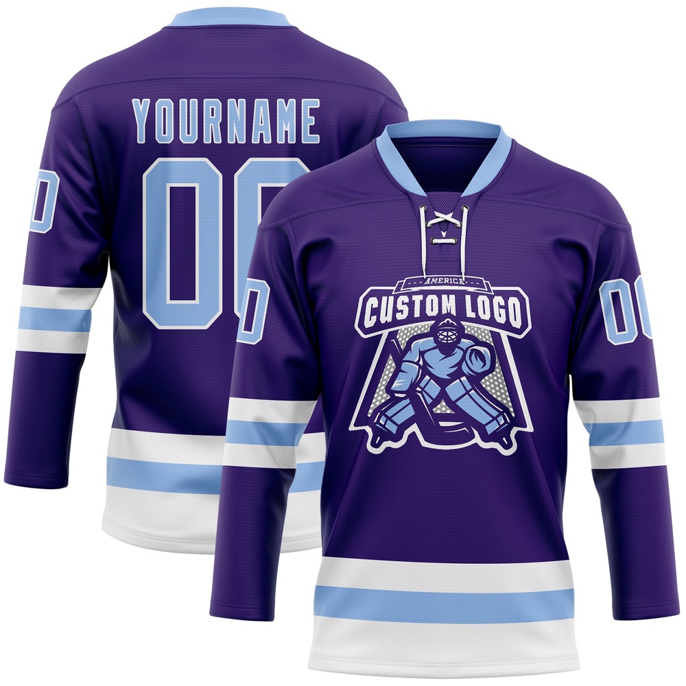Custom Purple Light Blue White Hockey Lace Neck Jersey, New Hockey Jersey, Personali Sport Team Jersey Shirt